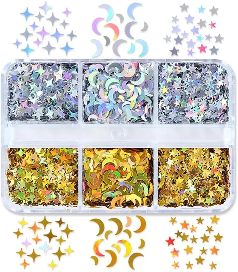 اکلیل ناخن طرح ستاره و ماه، هولوگرافیک، طلایی و نقره ای، پولک های لیزری سه بعدی، اکلیل های فلزی ستاره و ماه برای تزئین ناخن های اکریلیک بانوان و دختران