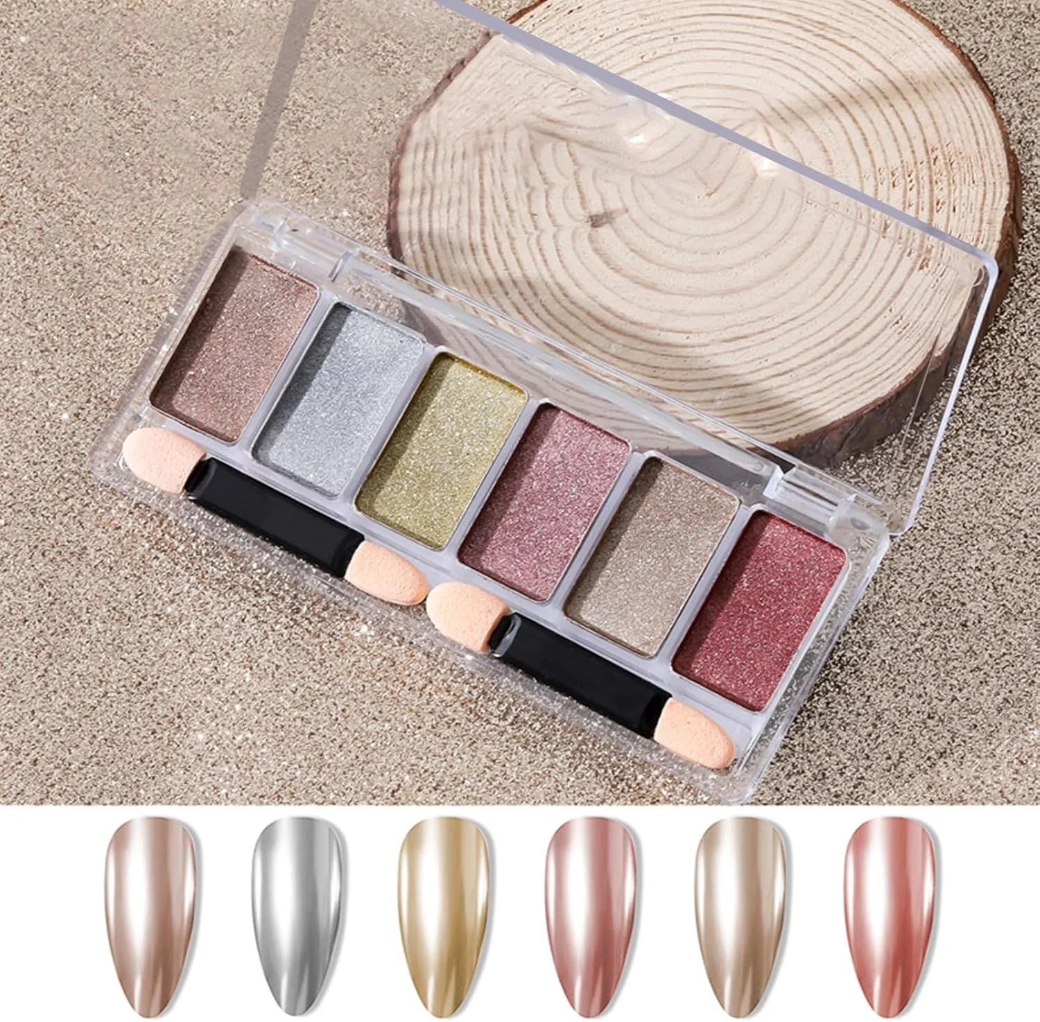 پودر ناخن آینه ای با افکت کروم متالیک در 6 رنگ، پودر براق اکلیلی ناخن، پودر رنگی طراحی ناخن به همراه پدهای سایه چشم، مناسب برای طراحی ناخن DIY