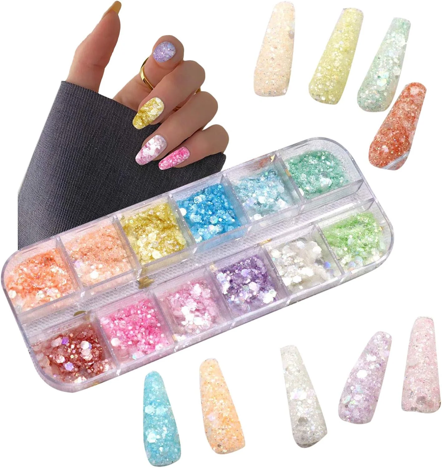 پولک های اکلیلی ناخن در 12 رنگ برای کاردستی، پولک ناخن - پودر اکلیلی ناخن، اکلیل آرایشی، پودر اکلیلی هنر ناخن، اکلیل های درخشان، فویل های جشنواره، تزئین هنر ناخن (A)