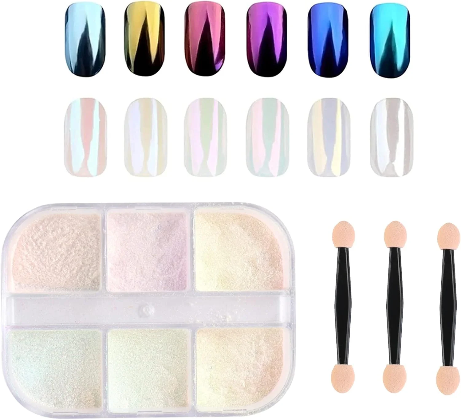 پودر ناخن کروم 6 رنگ CiciIng، پودر مرواریدی برای ناخن، پودر براق ناخن با جلوه آینه ای برای طراحی و تزئین ناخن