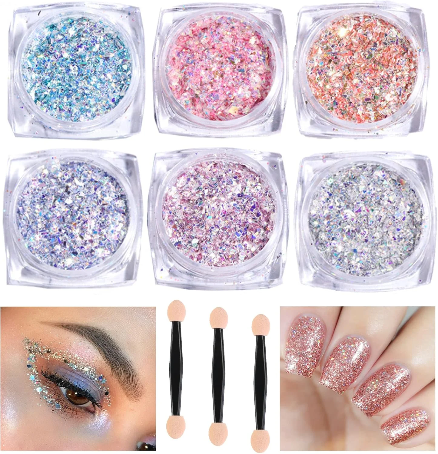 پودر اکلیل ناخن CiciIng، 6 جعبه، اکلیل های هنری ناخن با برس اسفنجی، پولک های اکلیل ناخن هولوگرافیک فویل آلومینیومی برای تزئین ناخن بدن