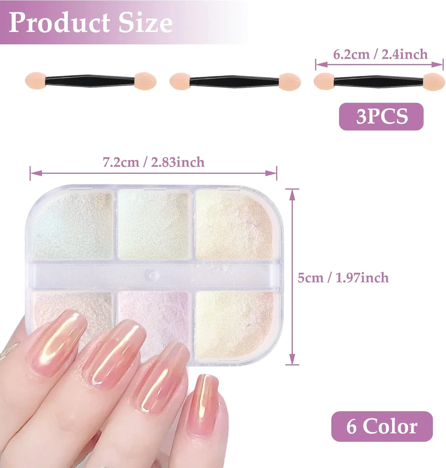 پودر ناخن کروم 6 رنگ CiciIng، پودر مرواریدی برای ناخن، پودر براق ناخن با جلوه آینه ای برای طراحی و تزئین ناخن
