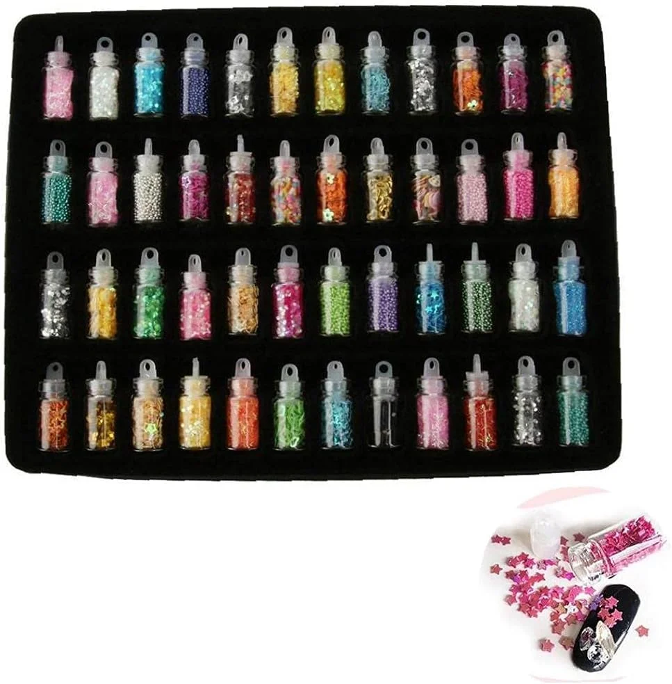 پودر اکلیل رنگی طراحی ناخن، ابزار ناخن، روکش ناخن، فویل انتقال چسب اکلیلی، تزئین ناخن DIY، 48 عدد ابزار و لوازم جانبی ناخن