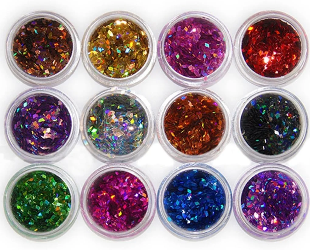 پودر اکریلیک اکلیلی 12 رنگ برای طراحی ناخن، پودر پولک اکلیلی تزئین ناخن