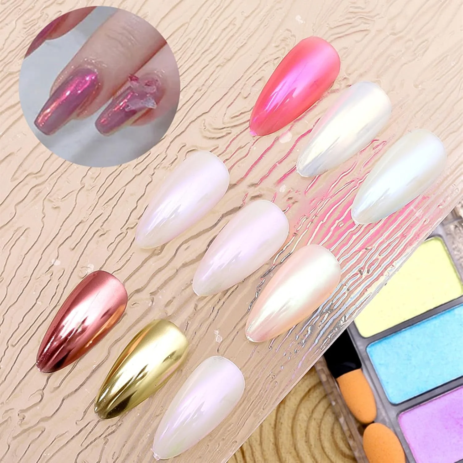 پودر ناخن آینه ای با 6 رنگ، پودر کروم متالیک، پودر براق اکلیلی ناخن، پودر رنگدانه هنر ناخن به همراه قلم سایه چشم، مناسب برای طراحی و دیزاین ناخن