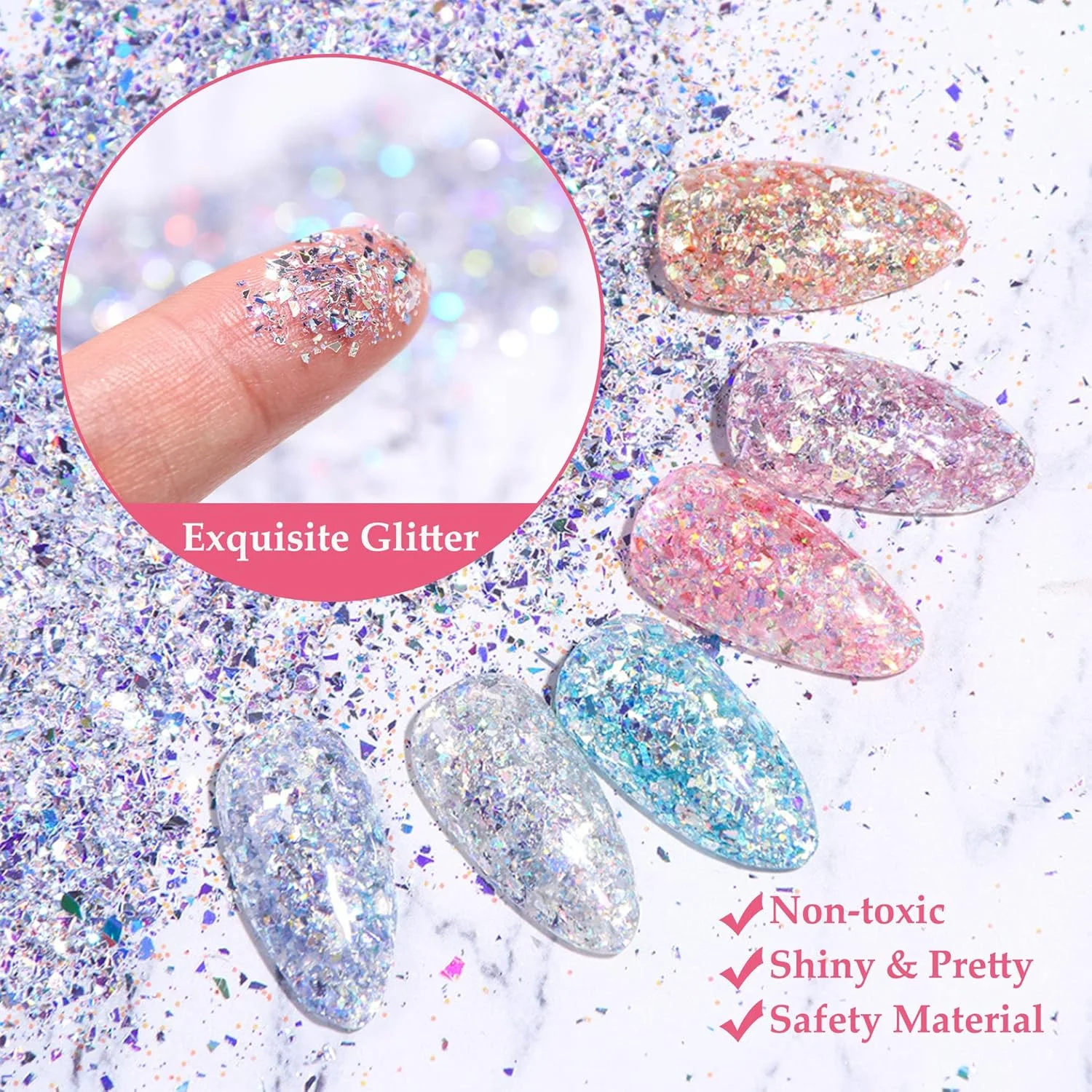پودر اکلیل ناخن CiciIng، 6 جعبه، اکلیل های هنری ناخن با برس اسفنجی، پولک های اکلیل ناخن هولوگرافیک فویل آلومینیومی برای تزئین ناخن بدن