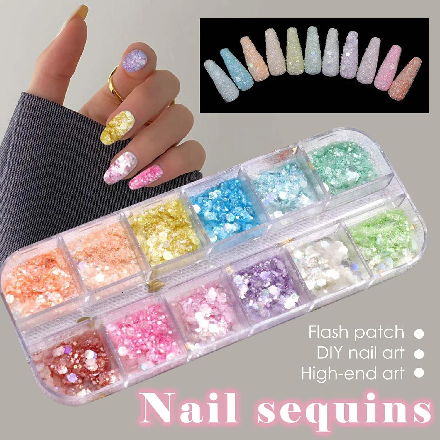 پالت سایه ناخن 12 رنگ، پولک های اکلیلی ناخن برای کاردستی، پولک ناخن - پودر اکلیلی ناخن، اکلیل آرایشی، پودر اکلیل ناخن، پولک های درخشان، فویل های جشنواره ای، تزئینات طراحی ناخن (A)