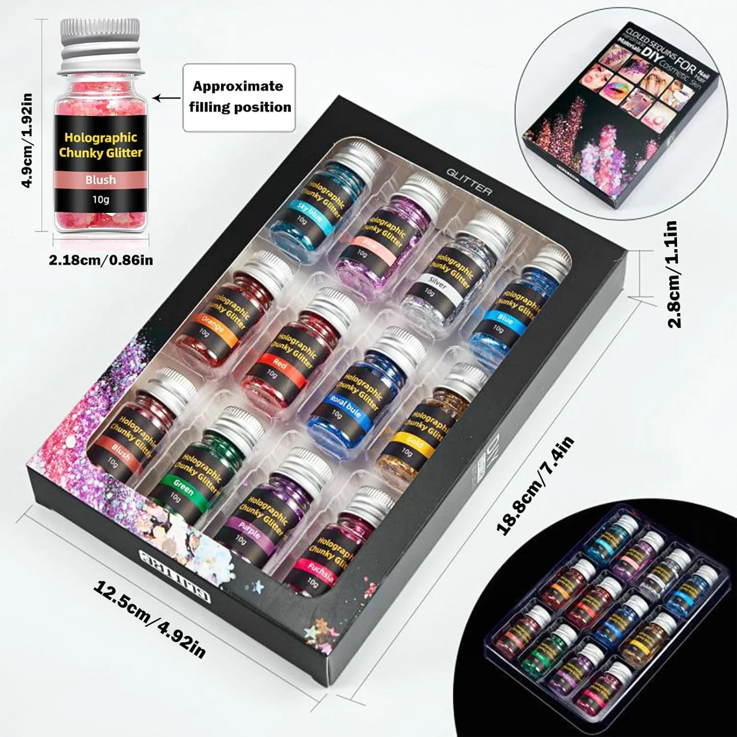 اکلیل درشت، اکلیل فستیوالی 12 رنگ، پودر اکلیل ناخن، اکلیل آرایشی هولوگرافیک برای صورت، بدن، چشم، مو، ناخن و هنر DIY