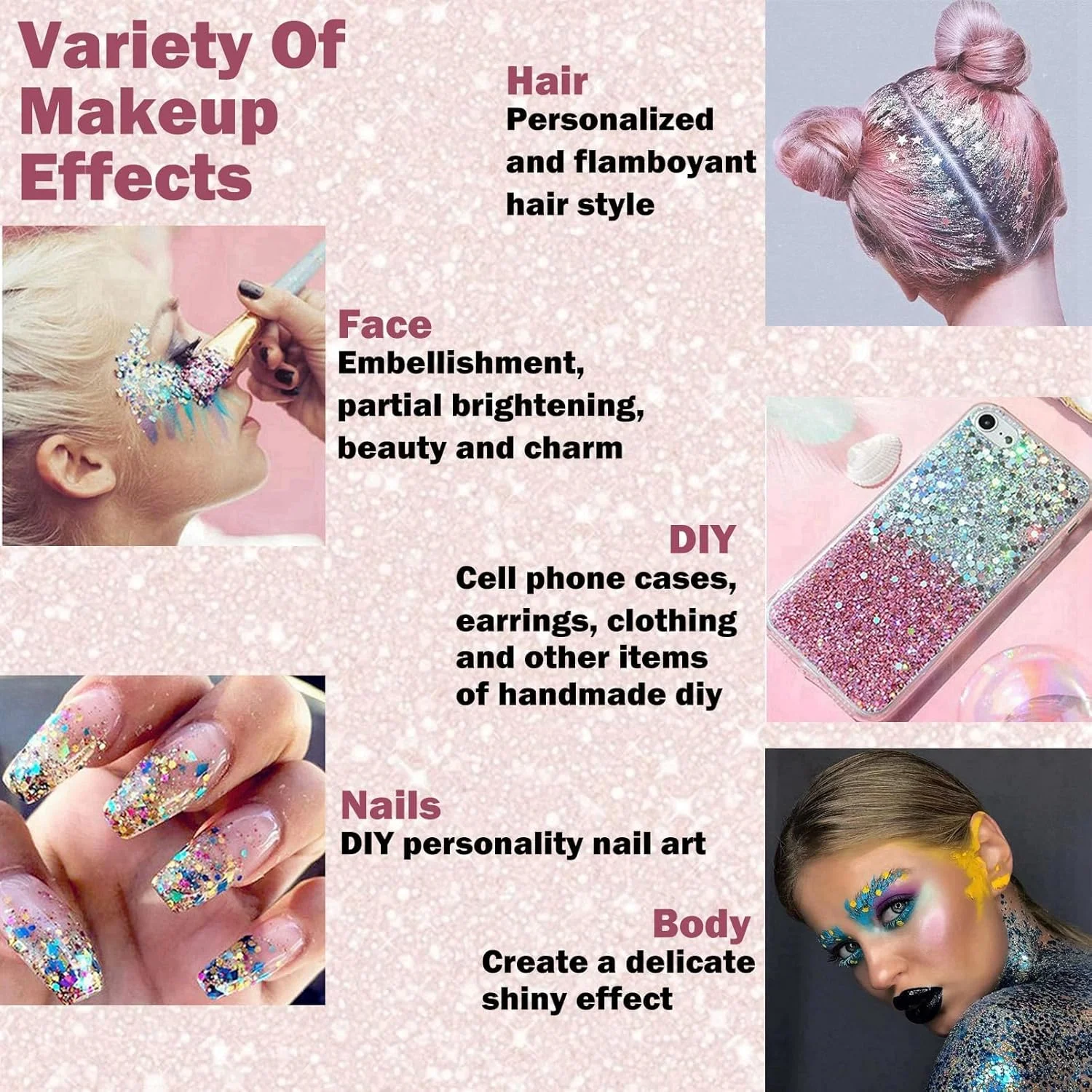 اکلیل درشت، اکلیل فستیوالی 12 رنگ، پودر اکلیل ناخن، اکلیل آرایشی هولوگرافیک برای صورت، بدن، چشم، مو، ناخن و هنر DIY