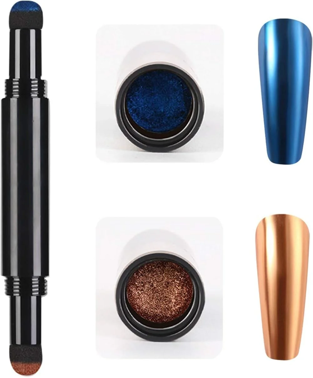 قلم پودر کروم ناخن - قلم پودر ناخن اکلیلی با کوسن هوا، قلم های طراحی ناخن اکلیلی با جلوه آینه ای، قلم های سایه چشم، قلم های طراحی ناخن (H)