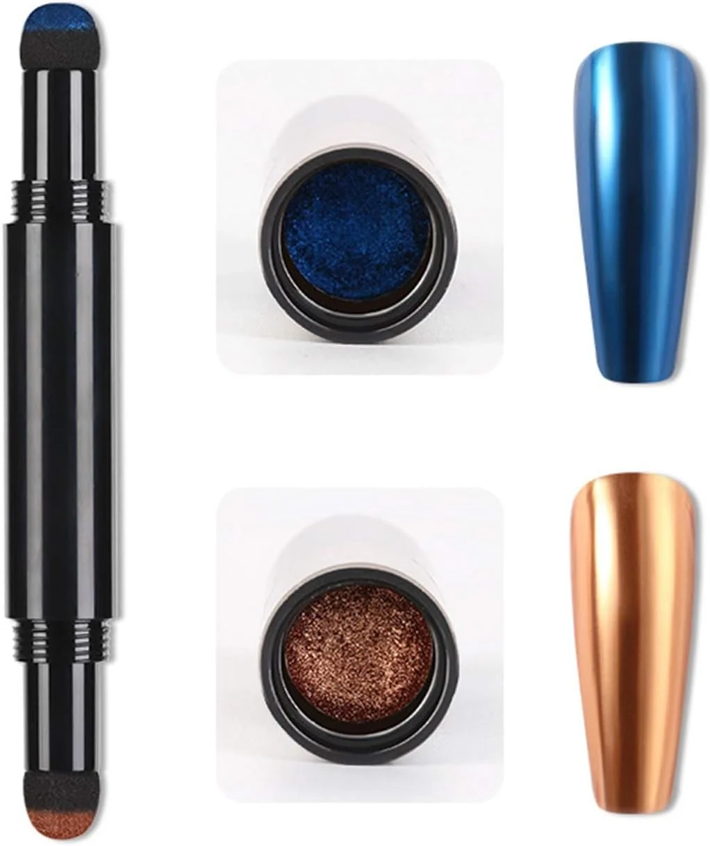 قلم پودر کروم ناخن - قلم پودر ناخن اکلیلی با کوسن هوا، قلم های طراحی ناخن اکلیلی با جلوه آینه ای، قلم های سایه چشم، قلم های طراحی ناخن (H)