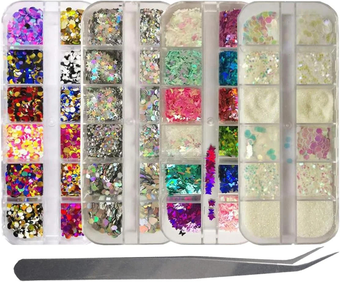 4 جعبه پولک اکلیلی ناخن پروانه سه بعدی، ستاره نقره ای هولوگرافیک، پولک های درشت گرد، پودر اکلیلی ناخن رنگین کمانی برای مانیکور، کاردستی DIY اسلایم با موچین (استایل B)