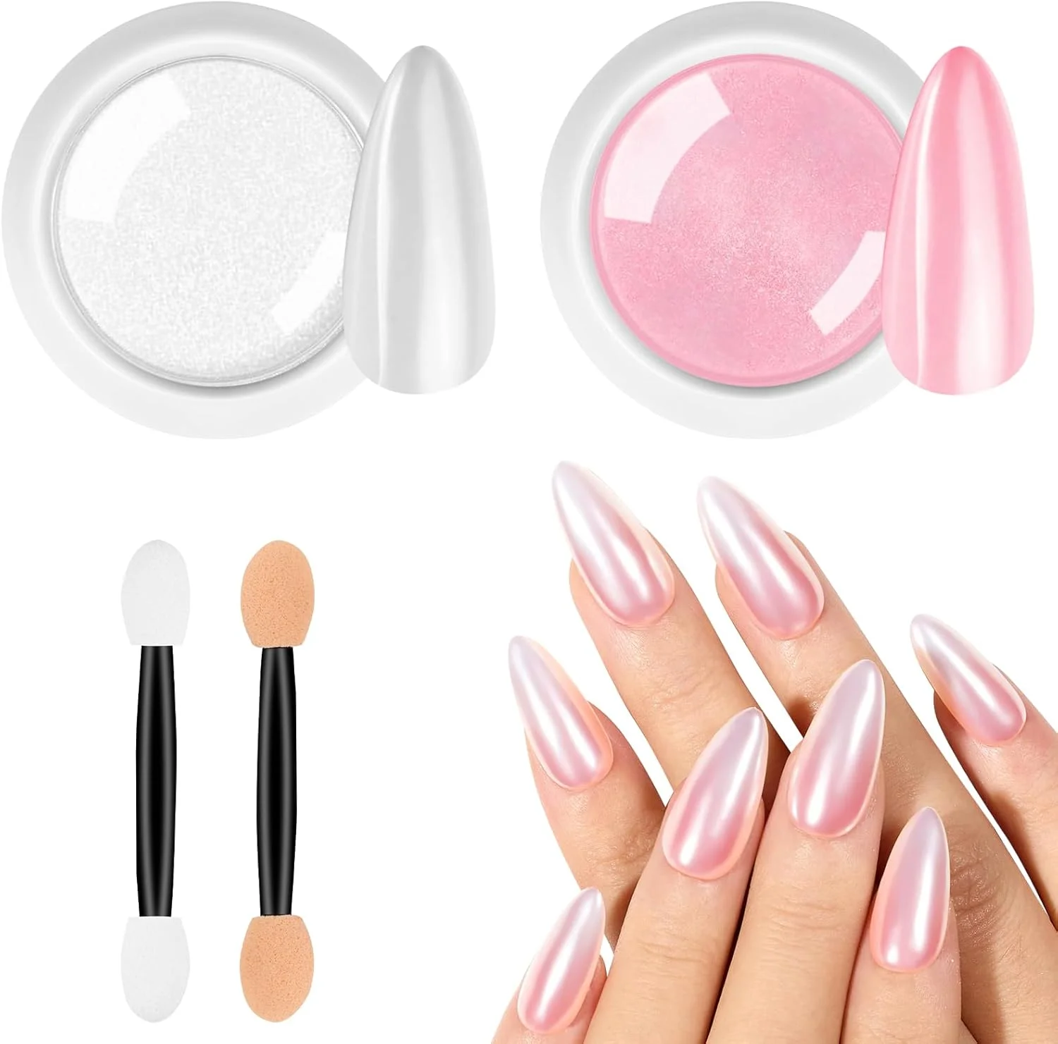 پودر کروم ناخن BUTBU، 2 رنگ پودر کروم مرواریدی سفید، پودر ناخن پیگمنت با جلوه آینه ای متالیک، پودرهای صدفی شفق قطبی اکلیلی برای طراحی و تزئین ناخن DIY (صورتی، سفید)