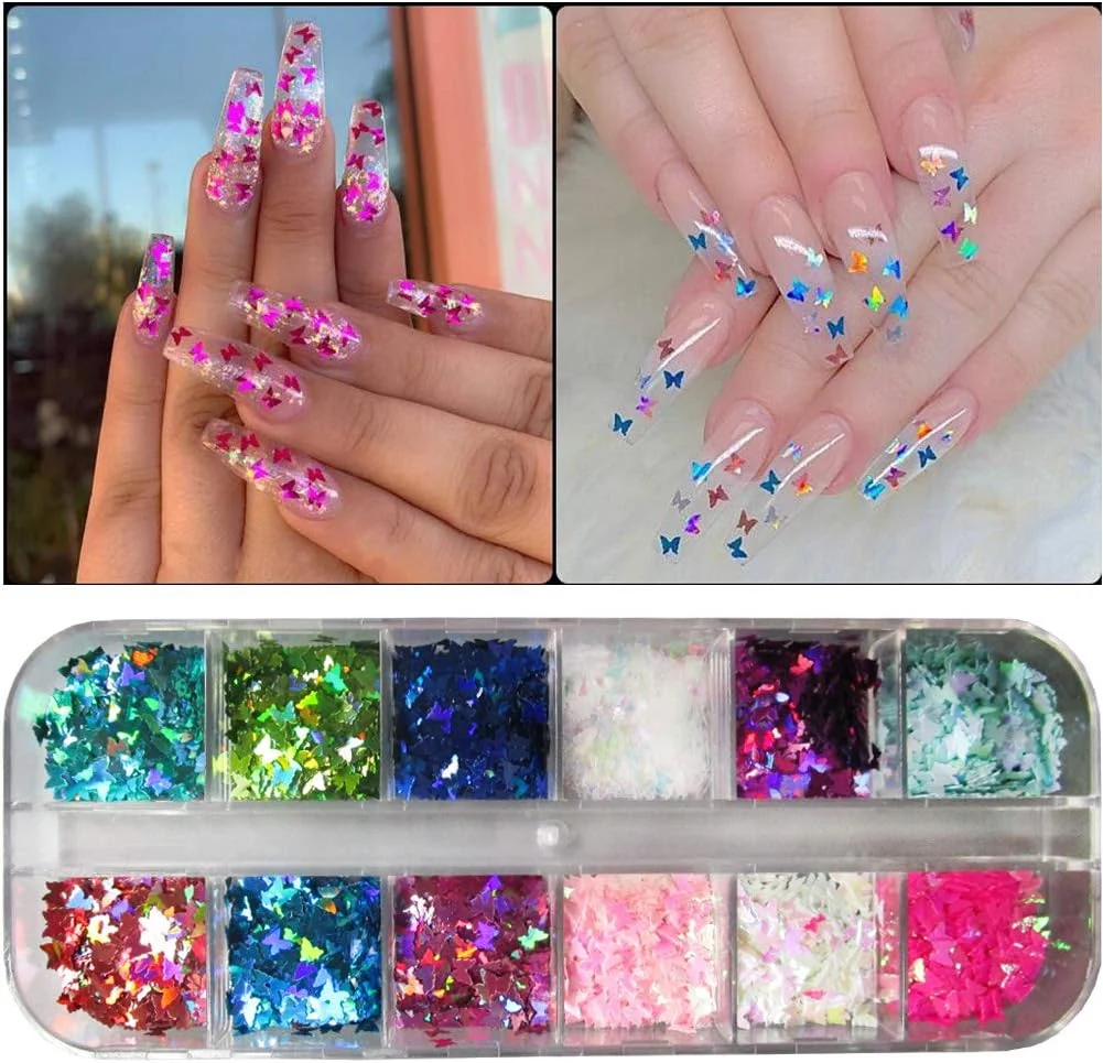 4 جعبه پولک اکلیلی ناخن پروانه سه بعدی، ستاره نقره ای هولوگرافیک، پولک های درشت گرد، پودر اکلیلی ناخن رنگین کمانی برای مانیکور، کاردستی DIY اسلایم با موچین (استایل B)