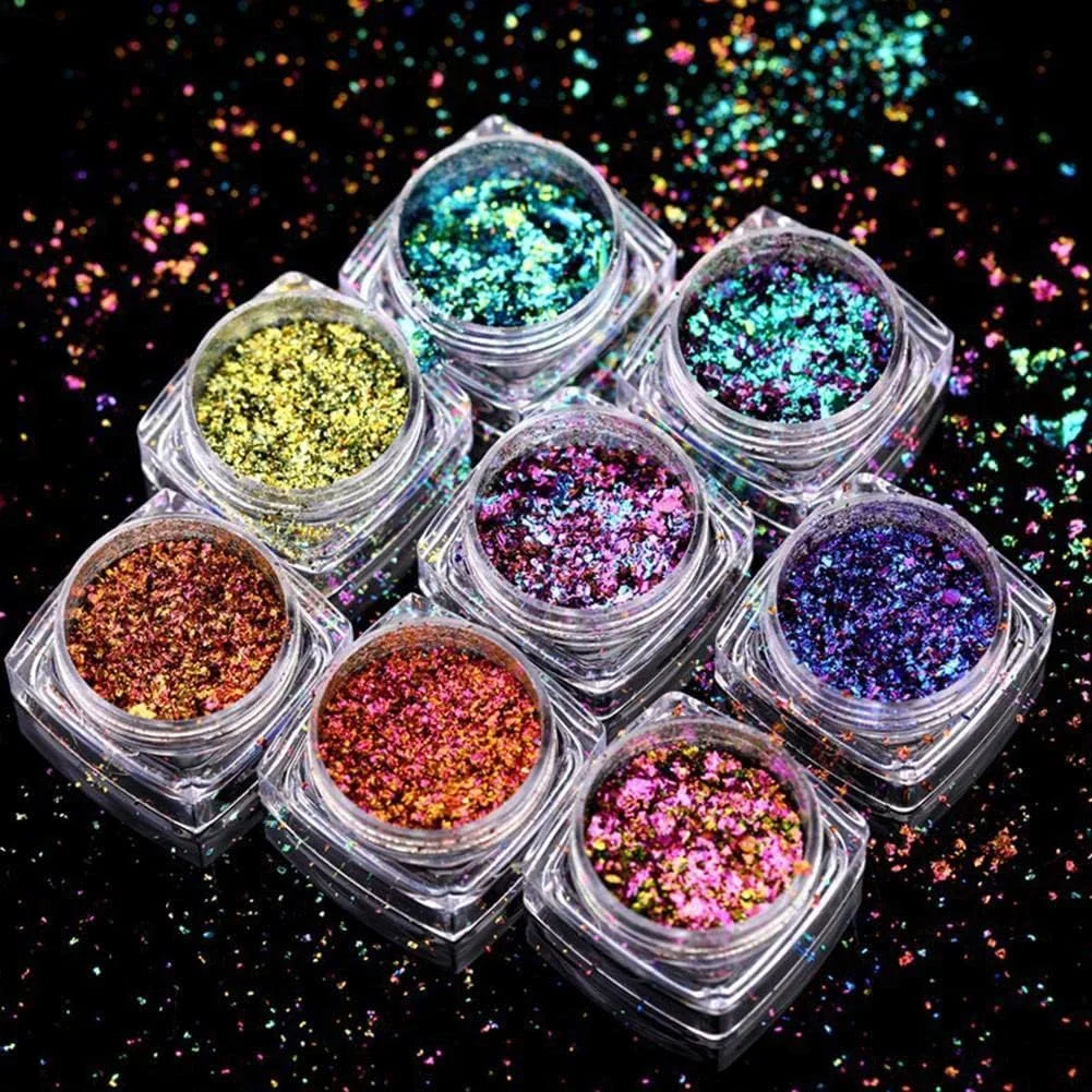 8 رنگ پولک ناخن آفتاب پرست، پودر زربافت ناخن، پولک های شفق قطبی، پولک های نامنظم، لاک ژل، پودر کروم، اکلیل مانیکور، هنر طراحی ناخن