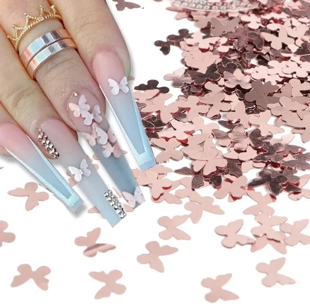 اکلیل ناخن طرح پروانه سه بعدی، 6 محفظه پودر اکلیلی لیزری پروانه ای، پولک های اکریلیک، پولک های درخشان، پودر اکلیل ناخن، پولک برای تزئین ناخن