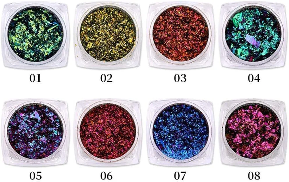 8 رنگ پولک ناخن آفتاب پرست، پودر زربافت ناخن، پولک های شفق قطبی، پولک های نامنظم، لاک ژل، پودر کروم، اکلیل مانیکور، هنر طراحی ناخن
