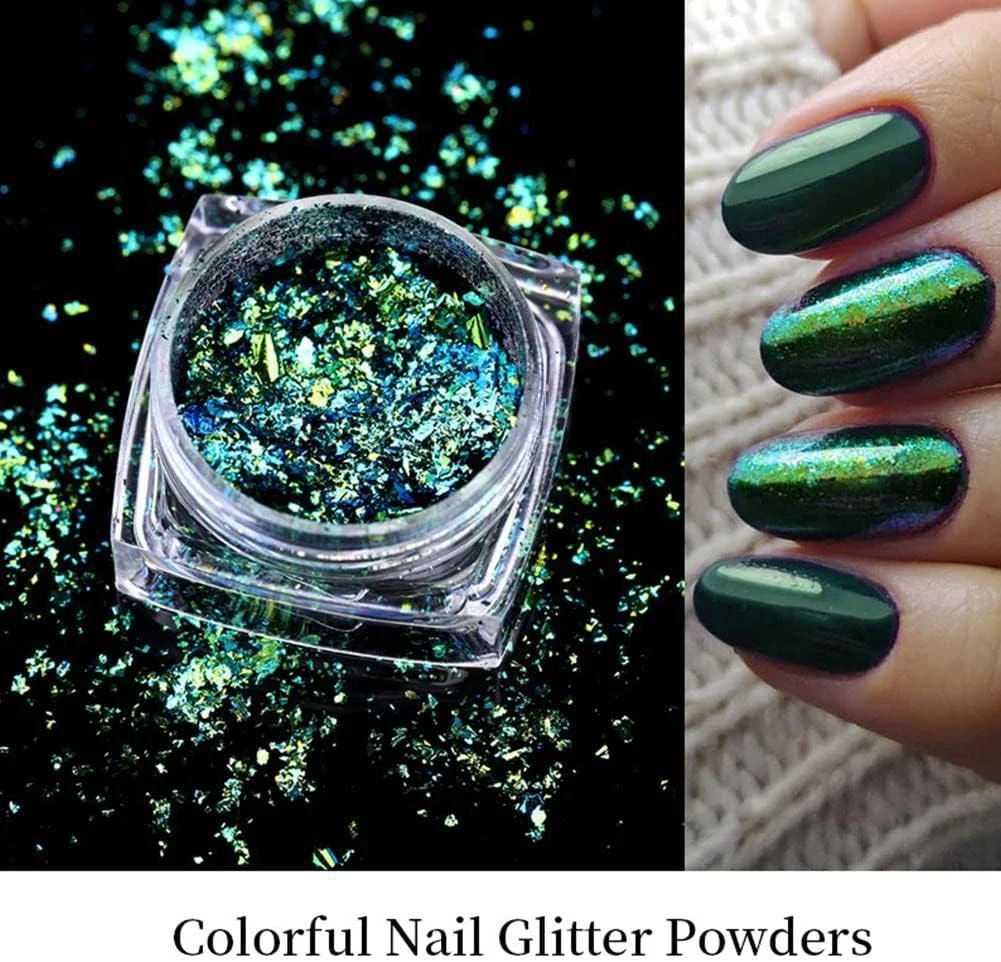 8 رنگ پولک ناخن آفتاب پرست، پودر زربافت ناخن، پولک های شفق قطبی، پولک های نامنظم، لاک ژل، پودر کروم، اکلیل مانیکور، هنر طراحی ناخن