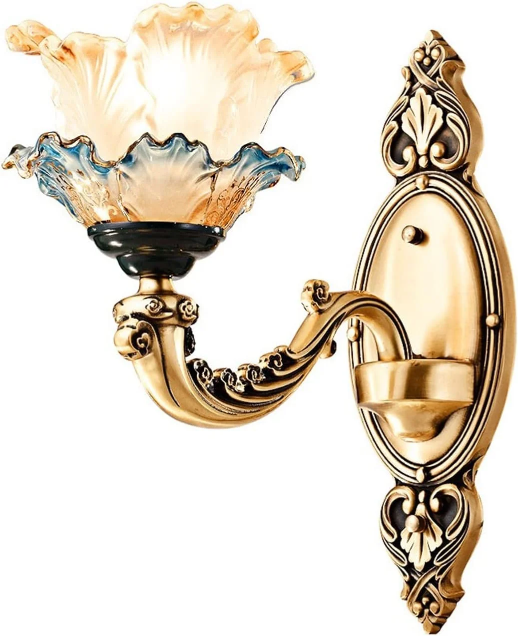 شمعدان دیواری سبک اروپایی لوکس و شیک مسی با نورپردازی دکوراتیو برای راهرو و دارای حباب شیشه ای