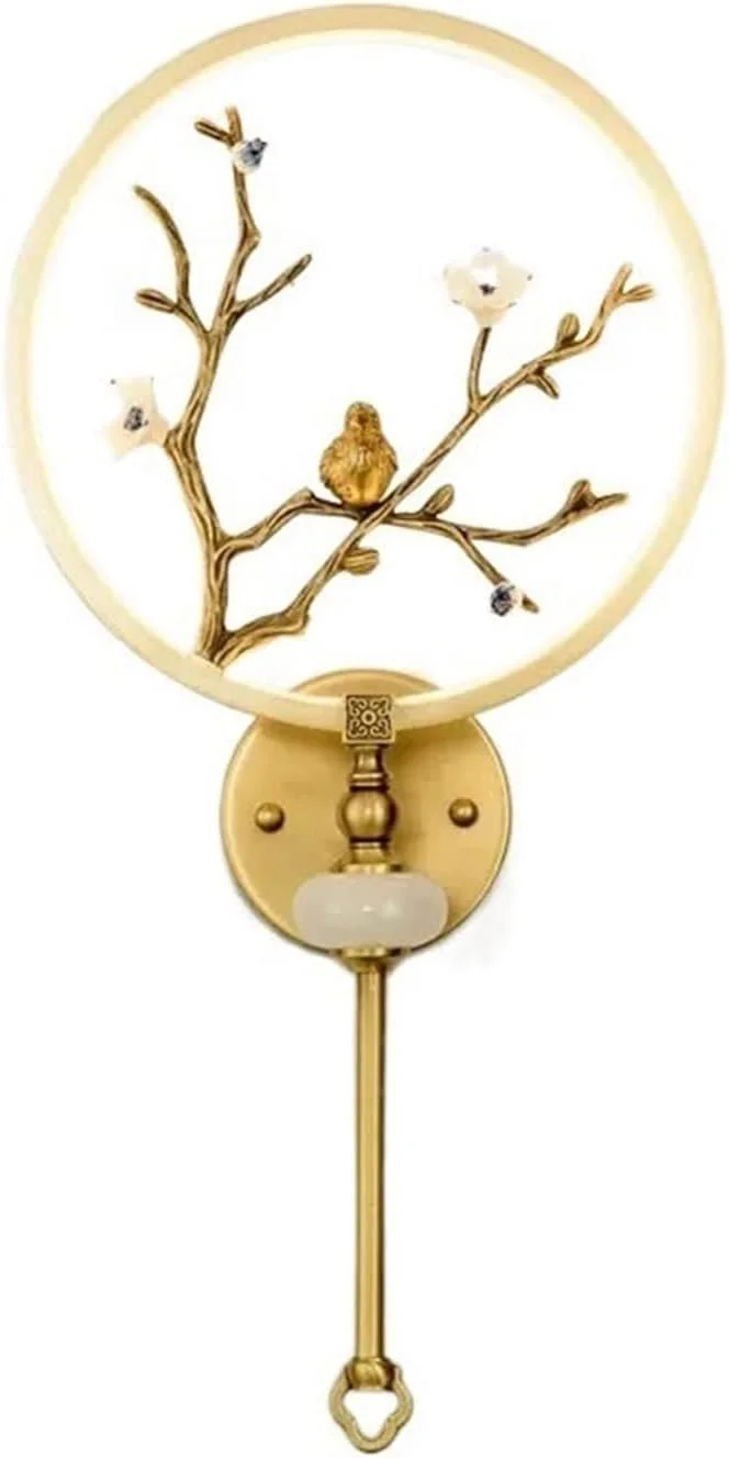 شمعدان دیواری مسی لوکس، چراغ دیواری خلاقانه به شکل گل و پرنده، مناسب برای نورپردازی تزئینی کنار تخت اتاق خواب