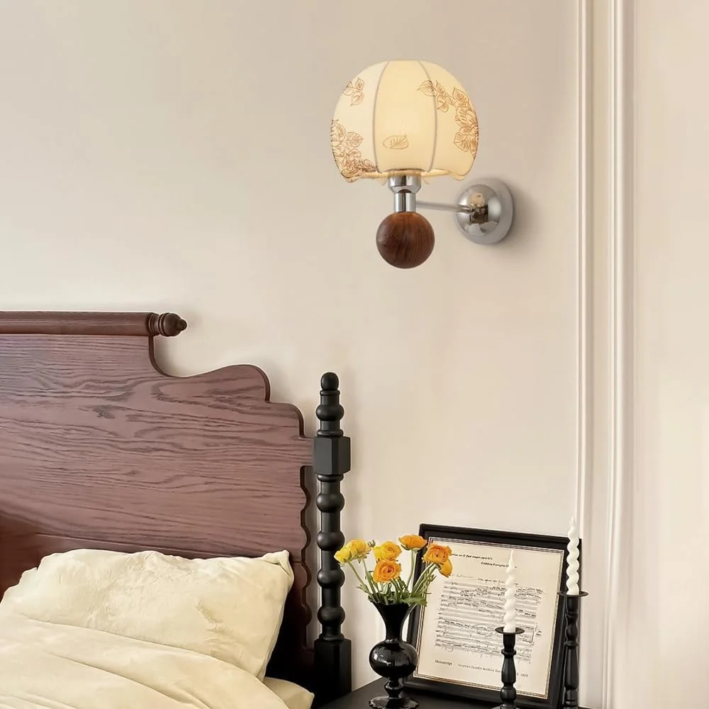 چراغ دیواری کنار تختی Jadssox، چراغ دیواری فرانسوی وینتیج با آباژور پارچه ای، چراغ دیواری اتاق خواب، اتاق نشیمن، راهرو، چراغ دیواری پارچه ای چاپی با سرپیچ E27 برای فضای داخلی، ارتفاع: 28.5 سانتی متر