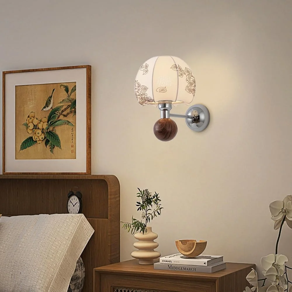 چراغ دیواری کنار تختی Jadssox، چراغ دیواری فرانسوی وینتیج با آباژور پارچه ای، چراغ دیواری اتاق خواب، اتاق نشیمن، راهرو، چراغ دیواری پارچه ای چاپی با سرپیچ E27 برای فضای داخلی، ارتفاع: 28.5 سانتی متر