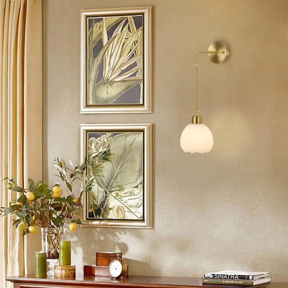 Jadssox Copper Wall Sconce Nordic Wall Light White Tulip Glass Shade Gold Hardwired Sconces Art Deco Hanging Wall Lamp Living Room Wall Mount Lights Bedroom Bedside Wall Lamps