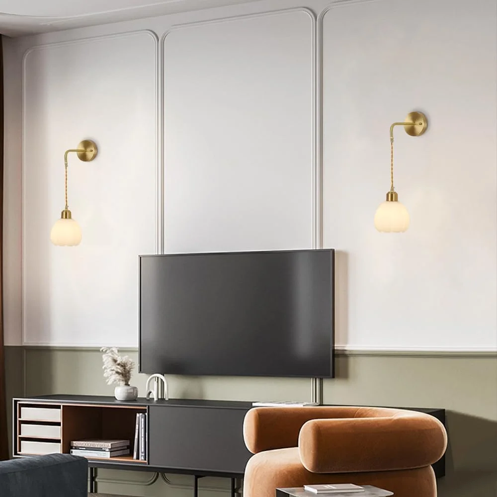 Jadssox Copper Wall Sconce Nordic Wall Light White Tulip Glass Shade Gold Hardwired Sconces Art Deco Hanging Wall Lamp Living Room Wall Mount Lights Bedroom Bedside Wall Lamps