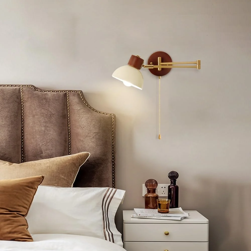 چراغ دیواری بازویی Jadssox، چراغ مطالعه کنار تختی با سیم کششی، چراغ دیواری چوبی نوردیک، چراغ دیواری گنبدی سیمی، روشنایی دیواری E27 برای اتاق خواب، اتاق نشیمن، چراغ های بالای تخت