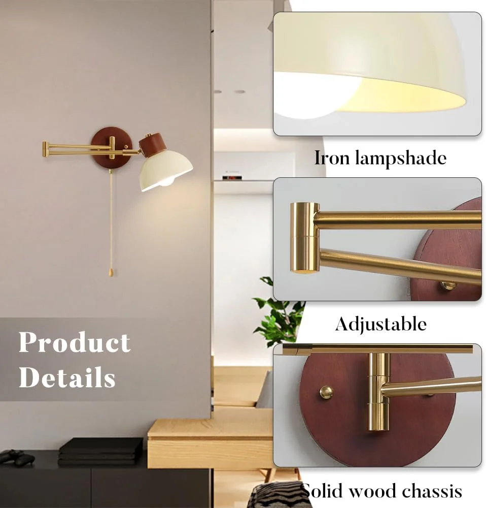 چراغ دیواری بازویی Jadssox، چراغ مطالعه کنار تختی با سیم کششی، چراغ دیواری چوبی نوردیک، چراغ دیواری گنبدی سیمی، روشنایی دیواری E27 برای اتاق خواب، اتاق نشیمن، چراغ های بالای تخت