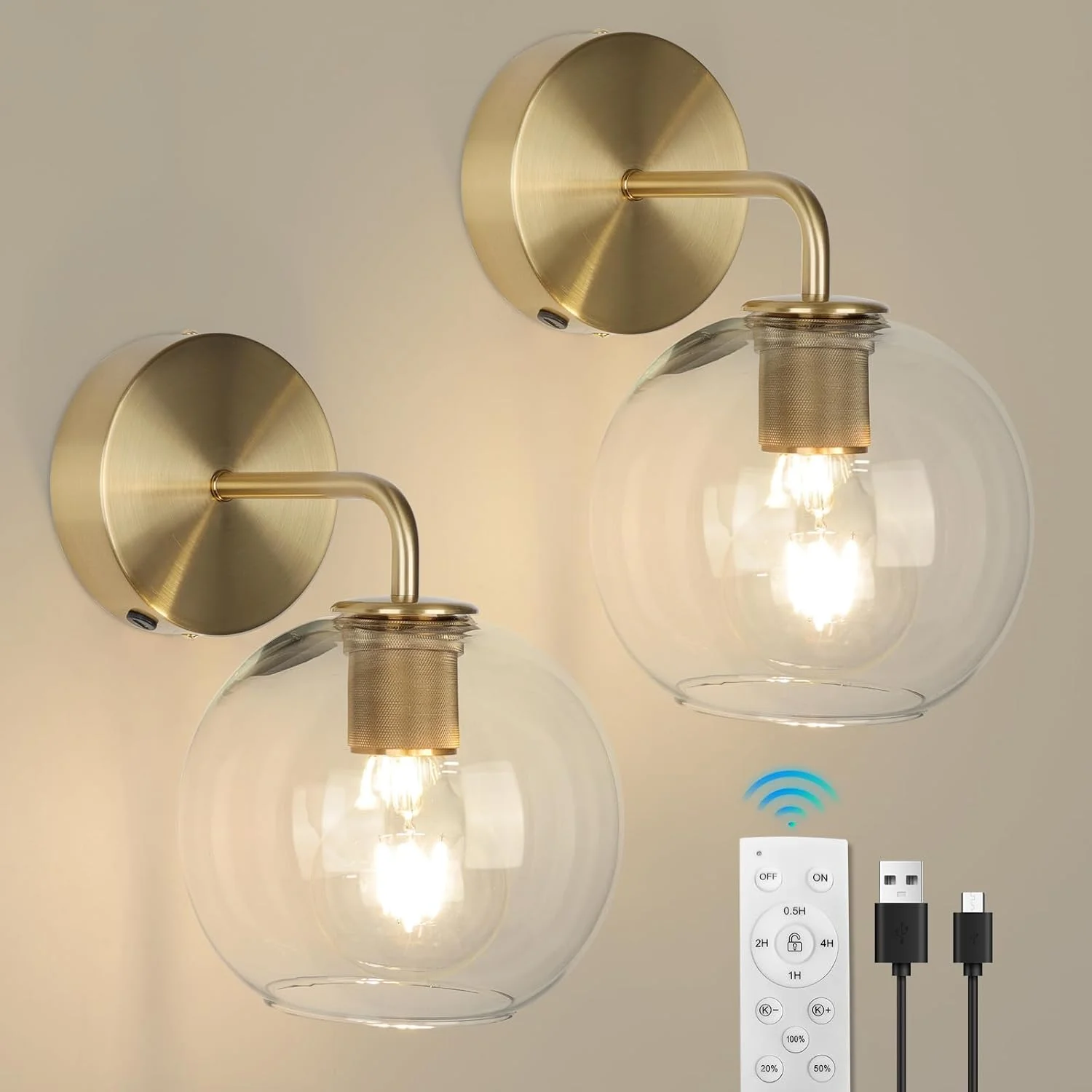 ست 2 عددی شمعدان دیواری طلایی EIDEARAY، شمعدان های دیواری با باتری و ریموت کنترل، چراغ دیواری طلایی وینتیج با سایه شیشه ای شفاف، چراغ دیواری فلزی صنعتی برای اتاق خواب، راهرو و غیره