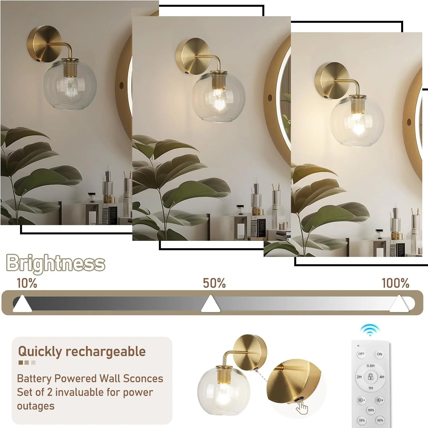 ست 2 عددی شمعدان دیواری طلایی EIDEARAY، شمعدان های دیواری با باتری و ریموت کنترل، چراغ دیواری طلایی وینتیج با سایه شیشه ای شفاف، چراغ دیواری فلزی صنعتی برای اتاق خواب، راهرو و غیره