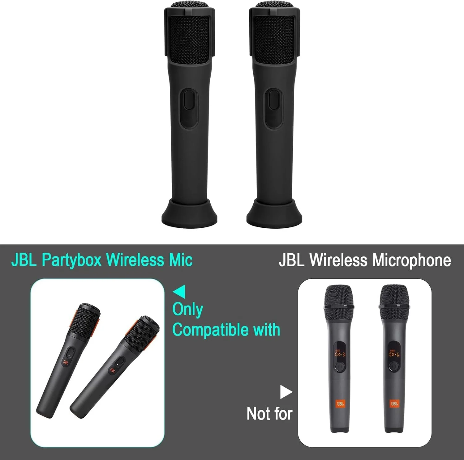 کاور سیلیکونی میکروفون بی سیم JBL PartyBox، کاور محافظ ضد لغزش با میله پایه و آستین میکروفون، پایه میکروفون برای دیسکو، مهمانی، نمایش تلویزیونی، 2 عدد، مشکی