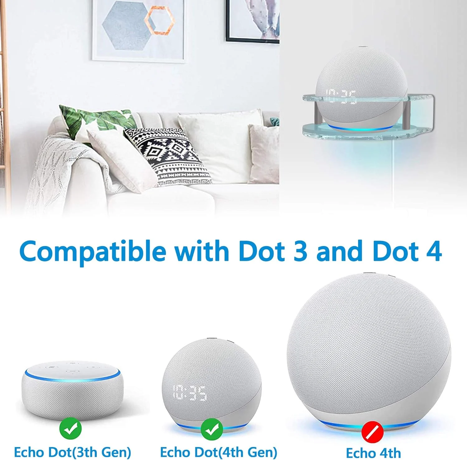 پایه دیواری آکریلیک Geekria برای Echo Dot نسل 3، 4 و 5 با ساعت LED و الکسا، پایه گرد ثابت، استند بلندگو، محافظ (شفاف)