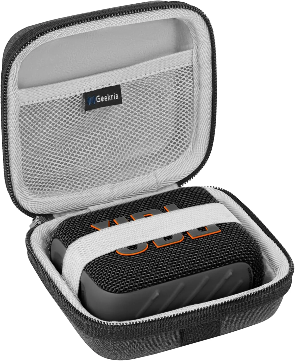 کیف محافظ بلندگو Geekria Shield سازگار با JBL Go 4/3/3 Eco، کیف حمل محافظ بلندگوی قابل حمل هارد شل جایگزین با محفظه نگهداری کابل، کارابین جاکلیدی (خاکستری تیره)