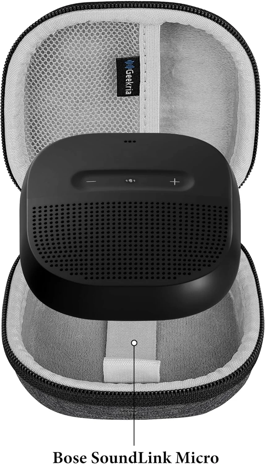کیف محافظ بلندگو Geekria Shield سازگار با Bose SoundLink Micro، کیف حمل محافظ بلندگوی قابل حمل با پوسته سخت برای مسافرت با محفظه نگهداری کابل، قلاب جاکلیدی (خاکستری)