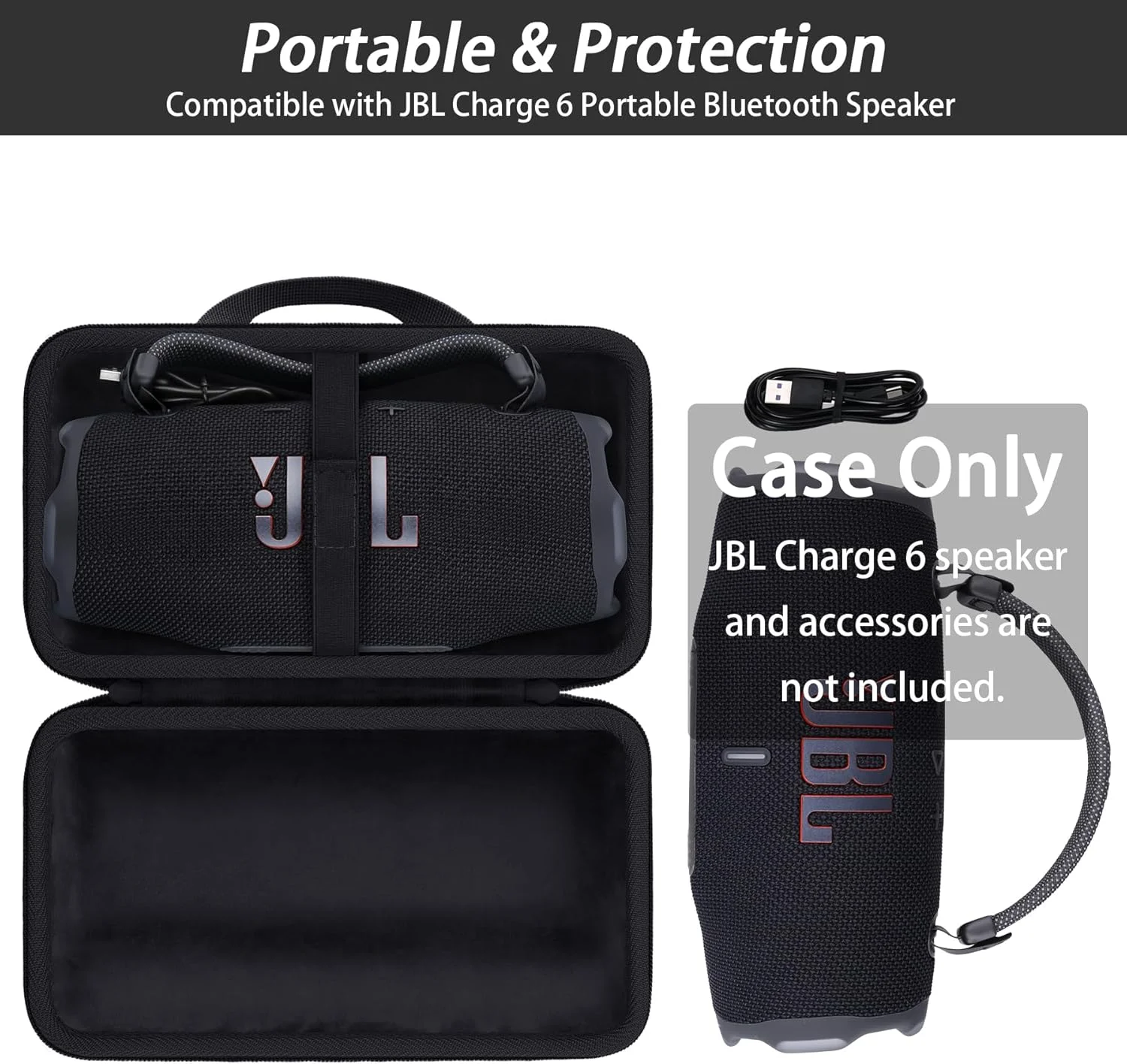 کیف هارد محافظ بلندگوی بلوتوثی قابل حمل JBL Charge6/Charge5/Charge4 مدل Khanka به همراه بند شانه، فقط کیف، مشکی، JBL Charge 6، کاربردی