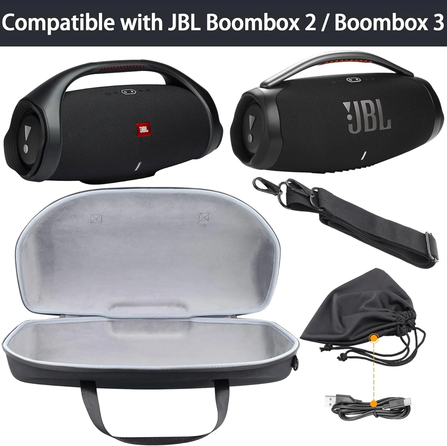 کیف حمل سخت co2CREA با کیف لوازم جانبی کوچک و بند شانه برای اسپیکر بلوتوثی JBL Boombox 3 WiFi/Boombox 2، کیف مشکی / داخل خاکستری، مناسب برای JBL Boombox 2، مدرن
