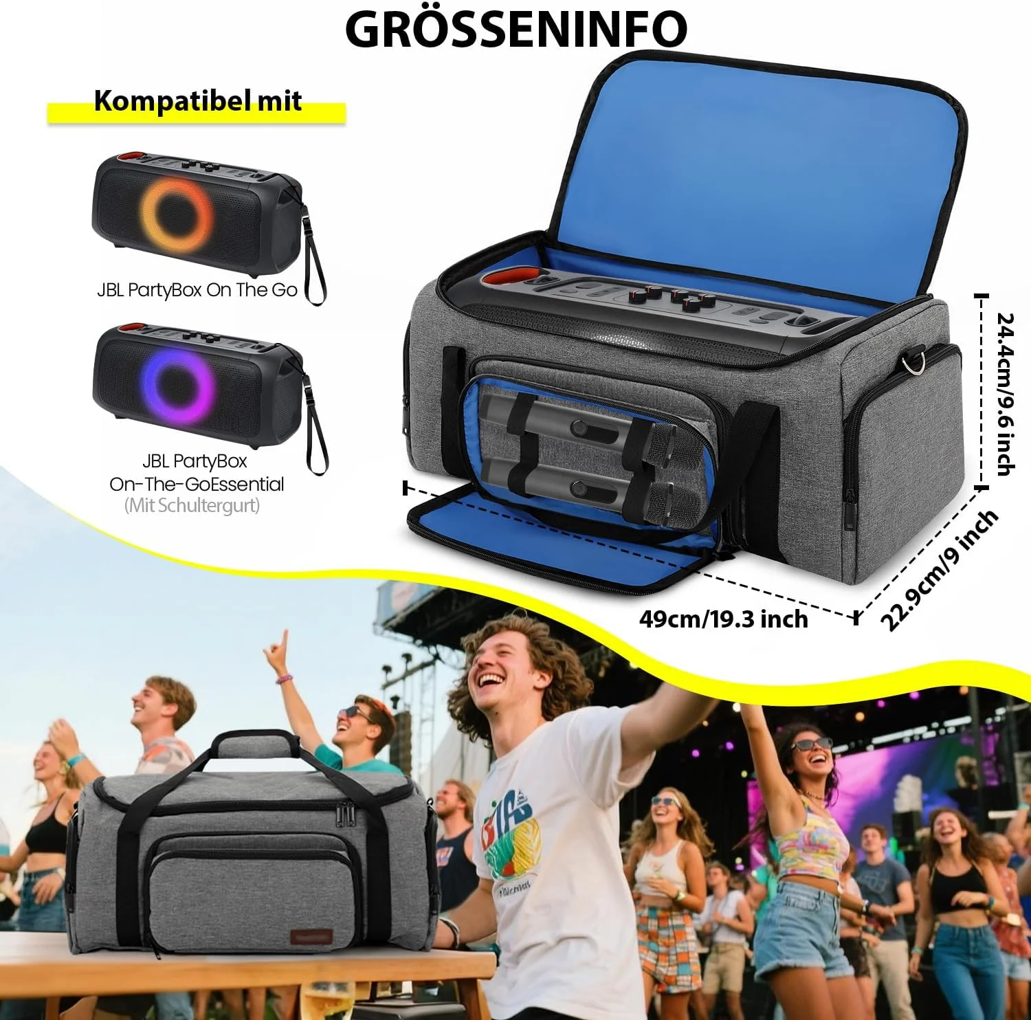 کیف حمل Valveric برای JBL PartyBox On-The-Go/Essential - کیف حمل بلندگو، مقاوم در برابر آب و ضد ضربه، با بند شانه و دسته، محفظه هایی برای میکروفون و لوازم جانبی