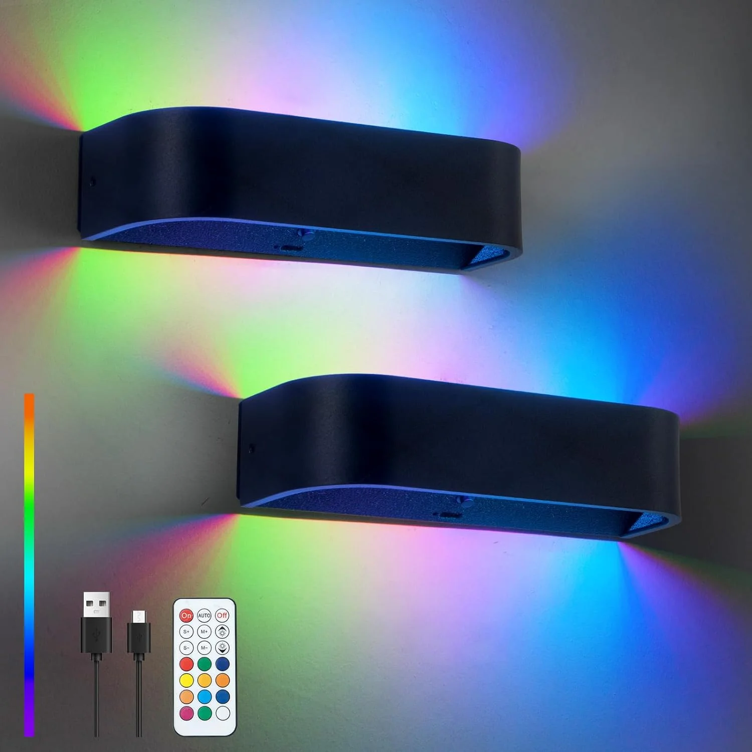 بسته 2 عددی چراغ دیواری ال ای دی RGB سورپالیگ، 16 رنگ، چراغ دیواری داخلی قابل شارژ با باتری 6000 میلی آمپر ساعت، دیمر با عملکرد زمان‌بندی و کنترل از راه دور، برای دکوراسیون اتاق و دکور بازی، مشکی