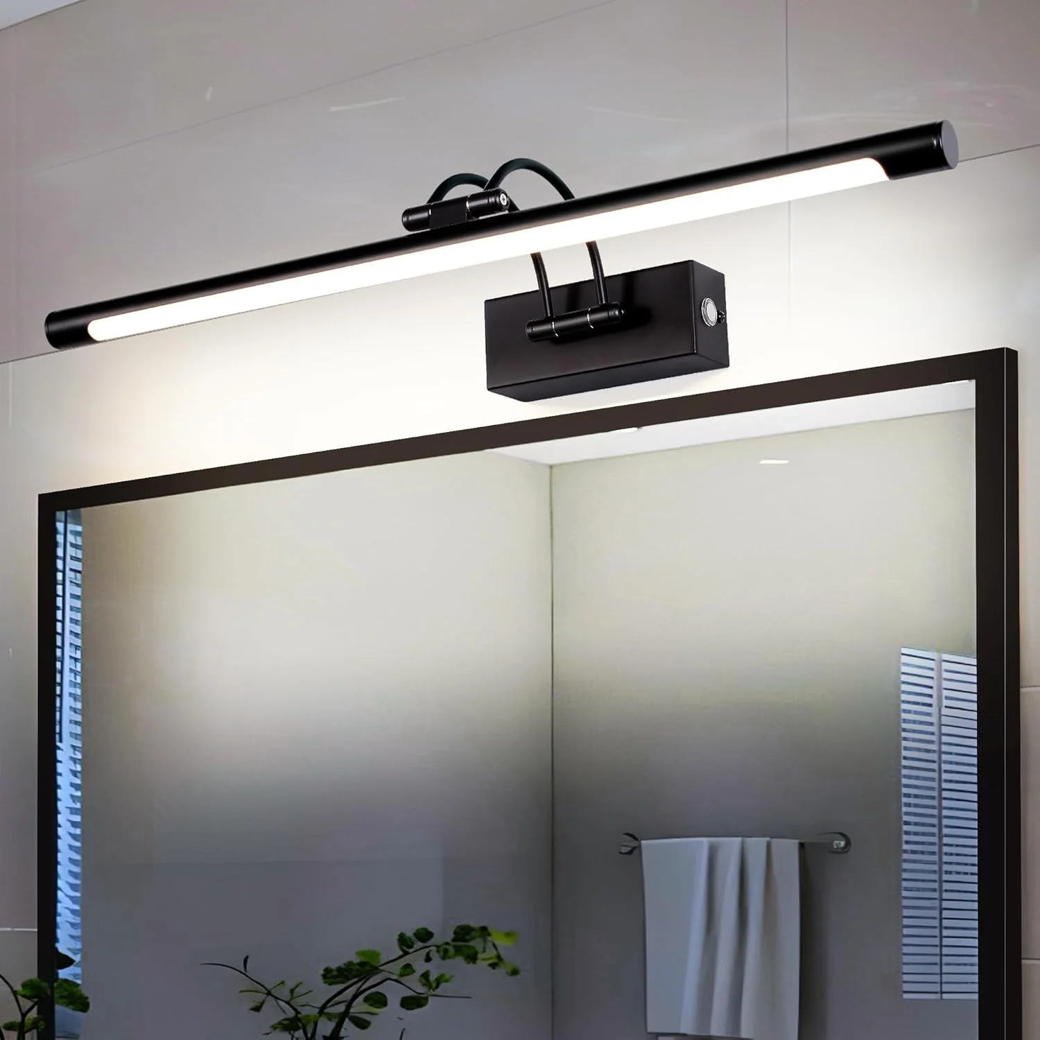 چراغ دیواری LED روشویی حمام MantoLite، چراغ کابینت و تابلوی دیواری کم نور شونده 15 وات 60 سانتی متری، چراغ دیواری داخلی مشکی قابل تنظیم، چراغ مطالعه کنار تخت هتل 3000K/4500K/6000K