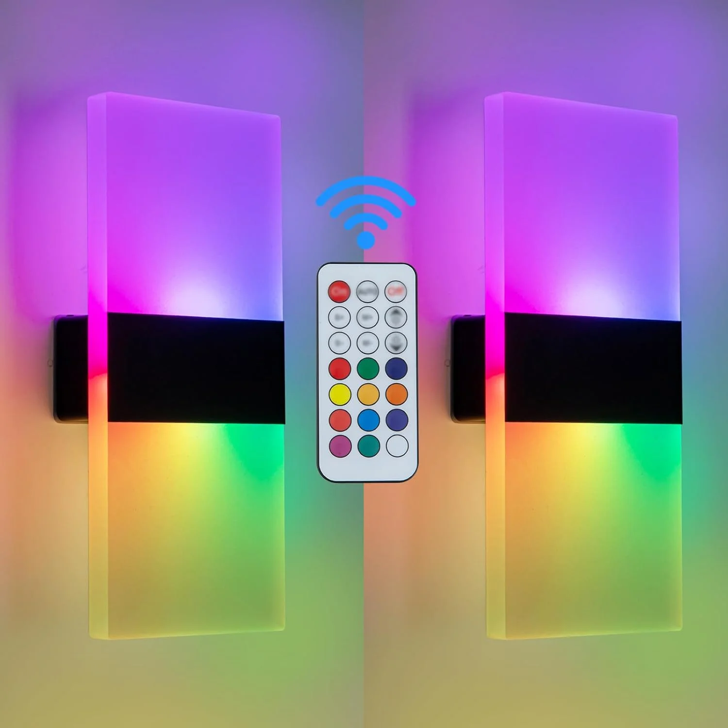 چراغ دیواری RGB KwatTsz، نورپردازی LED با 12 رنگ برای دکوراسیون اتاق، چراغ دیواری با باتری 4000 میلی آمپر ساعت، کنترل از راه دور، بسته 2 عددی، نورپردازی اتاق