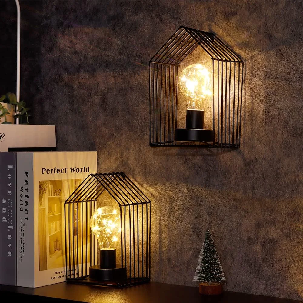 JHY DESIGN ست 2 تایی چراغ رومیزی با باتری، ارتفاع 18 سانتی متر، شمعدان دیواری وینتیج، قفس فلزی، آویز، چراغ دیواری بی سیم با تایمر 6 ساعته برای دیوار اتاق خانه، عروسی، فضای داخلی و خارجی (مناره سیاه)