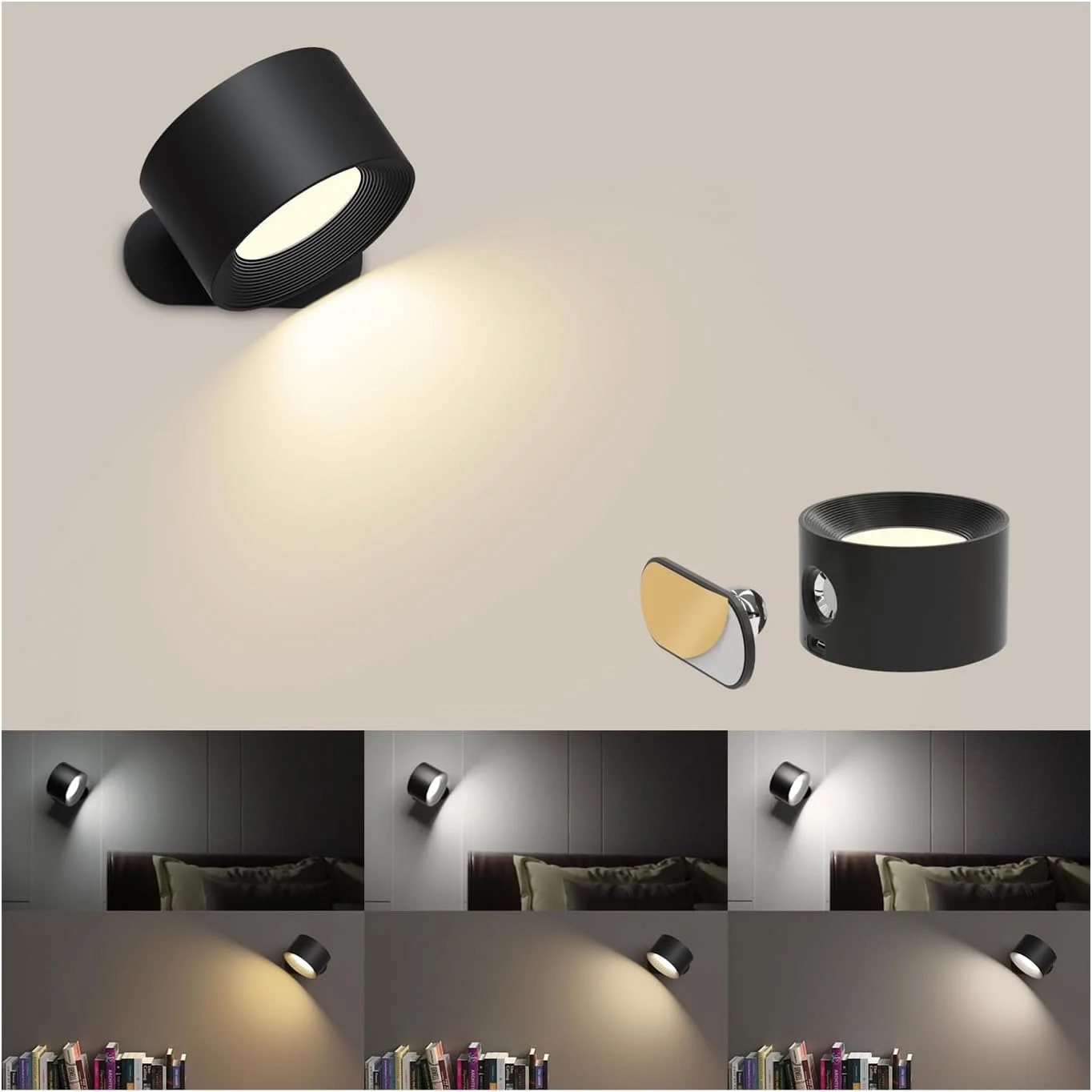 چراغ دیواری LED داخلی Coollamp، چراغ دیواری اتاق خواب با نور گرم/طبیعی/سفید، 3 سطح روشنایی، باتری قابل شارژ، کنترل لمسی، چرخش 360 درجه، چراغ دیواری برای راهرو اتاق نشیمن راه پله