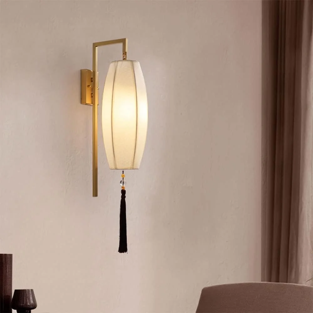 چراغ دیواری اتاق خواب مسی عتیقه جنوب شرقی آسیا فانوس پارچه ای منگوله طلایی تک رنگ سفید کتانی آویز داخلی خانه روستایی برای اتاق نشیمن دی