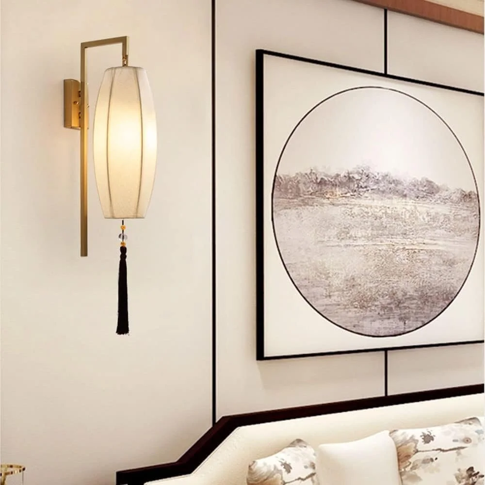 چراغ دیواری اتاق خواب مسی عتیقه جنوب شرقی آسیا فانوس پارچه ای منگوله طلایی تک رنگ سفید کتانی آویز داخلی خانه روستایی برای اتاق نشیمن دی