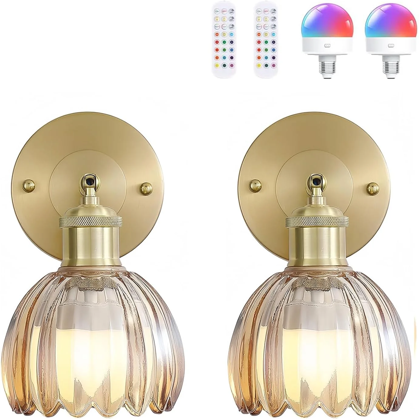چراغ دیواری شمعدانی با باتری طرح قدیمی با حباب شیشه ای لاله ای کهربایی، چراغ دیواری بی سیم قابل شارژ با کنترل از راه دور برای کنار تخت، اتاق خواب، ورودی، ست 2 عددی