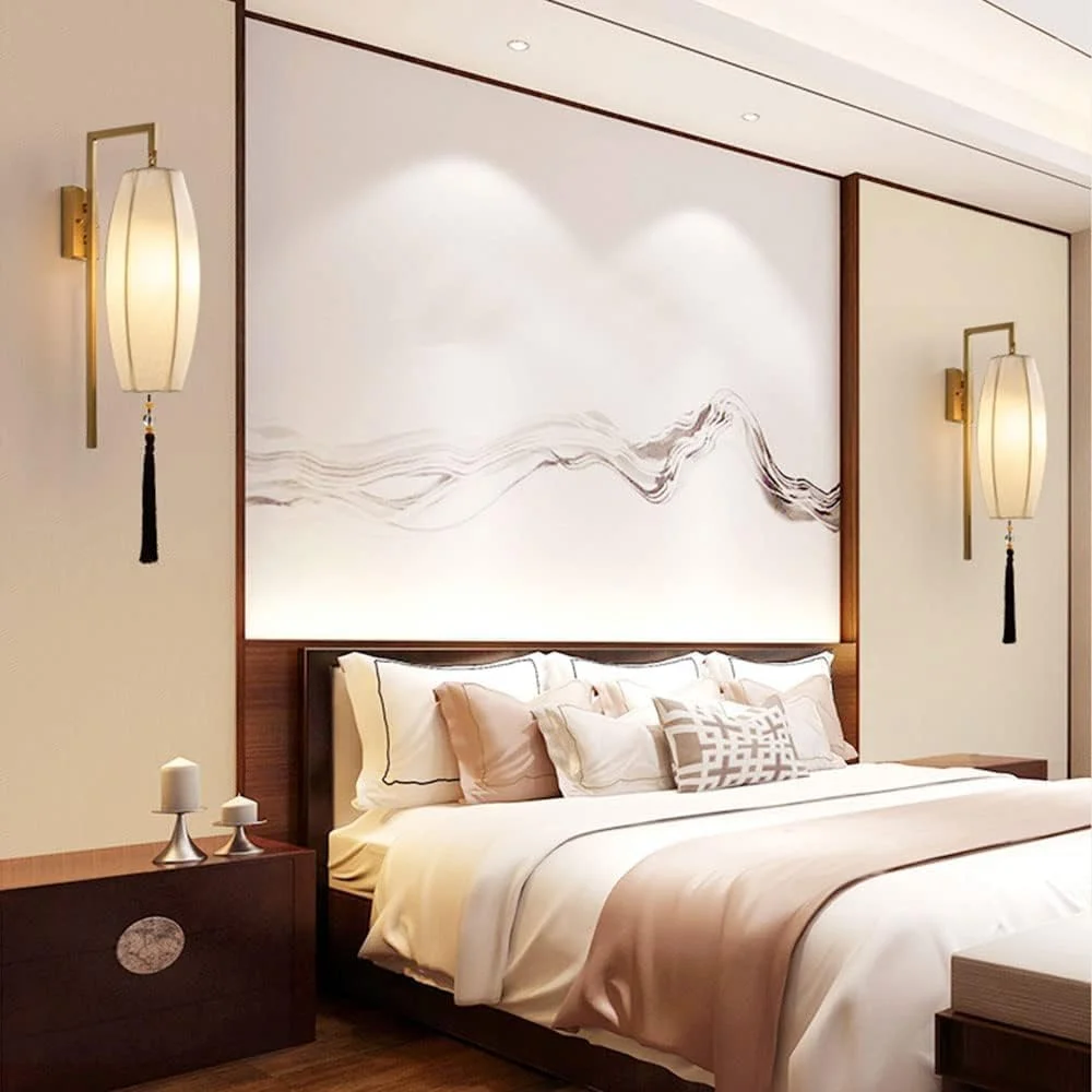 چراغ دیواری اتاق خواب مسی عتیقه جنوب شرقی آسیا فانوس پارچه ای منگوله طلایی تک رنگ سفید کتانی آویز داخلی خانه روستایی برای اتاق نشیمن دی