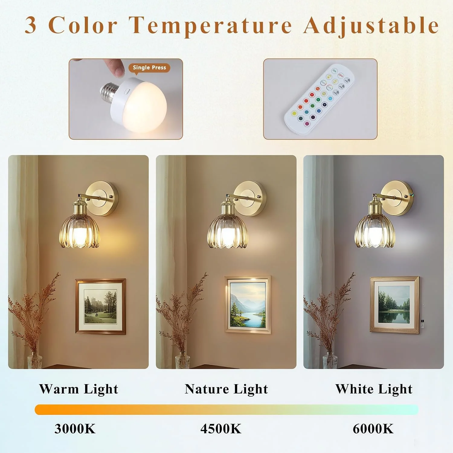 چراغ دیواری شمعدانی با باتری طرح قدیمی با حباب شیشه ای لاله ای کهربایی، چراغ دیواری بی سیم قابل شارژ با کنترل از راه دور برای کنار تخت، اتاق خواب، ورودی، ست 2 عددی