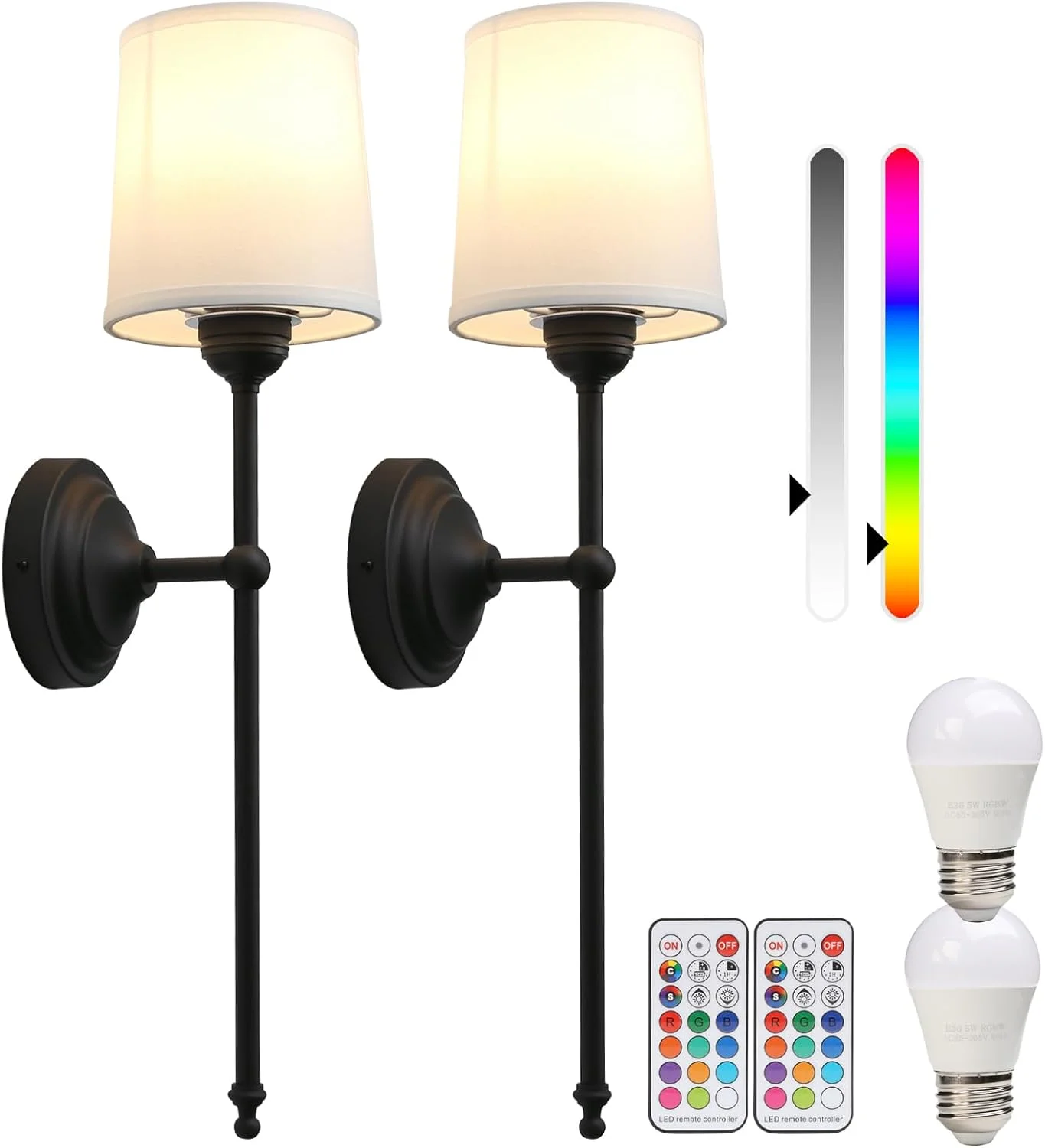 ست 2 عددی چراغ دیواری صنعتی وینتیج Permo، چراغ دیواری سیمی با کنترل از راه دور و لامپ های کم نور، روشنایی آباژور پارچه ای سفید برای اتاق خواب، اتاق نشیمن، راهرو (مشکی)